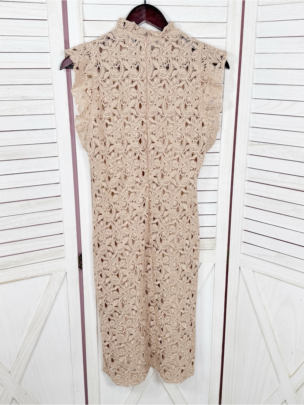 Zara Sheer Lace Ruffle Trim Sheath Dress Nude Tan Large Resort Coquette - Picture 9 of 12